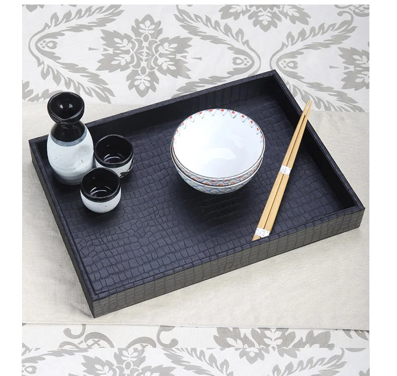 

Handcrafted Finish Rectangular Wood / PU leather Serving Tray Box with Crocodile-textured Finish for Home Hotel Bar Decoration