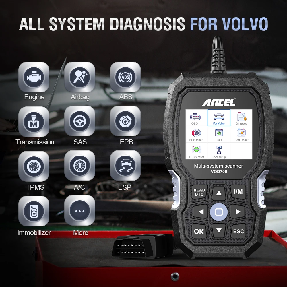 ANCEL VOD700 OBD2 Scanner for Volvo Car Code Reader Diagnostic Scan Tool Bleeding Injector Oil Reset DPF TPMS ETC BMS EPB ABS