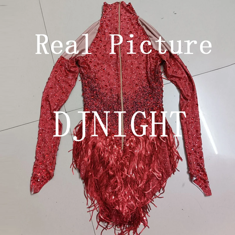 Bar Nachtclub Ds Dj Party Gogo Kostüm Rot Strass Fransen Body Frauen Pole Dance Kleidung Drag Queen Outfit XS8781
