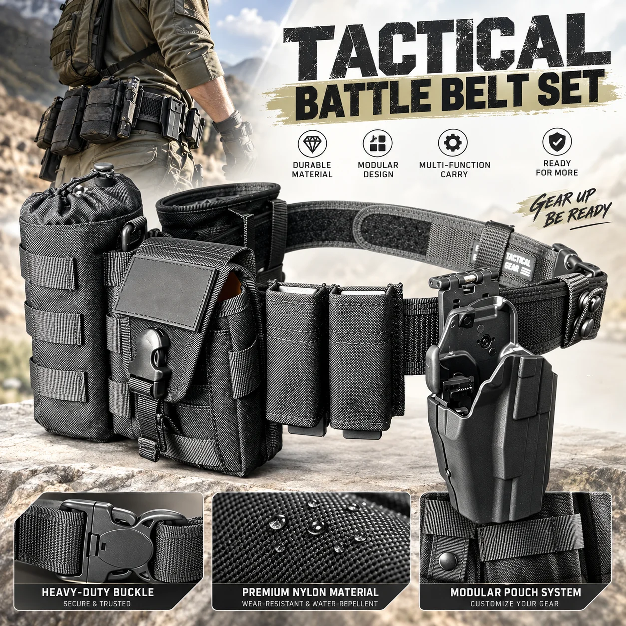 Full Set Of MOLLE Belt Set with G17 Quick Draw Holster 9mm Double Mag Pouch Dual Layer Phone Bag Tactical Bottle Pouch Dump Bag