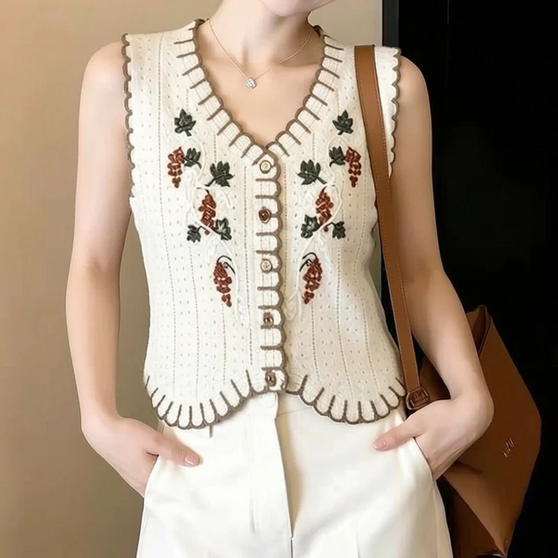 

Sheer Crochet Vest Sleeveless Button Front V-Neck Open-knit Floral Embroidery Lace Blouse Women Summer Boho Cottagecore Outfit