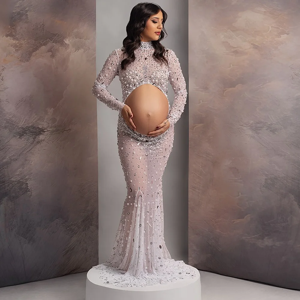 Mulheres grávidas sessão de fotos vestido elegante brilhante strass vestido de noite sexy ver através de vestidos de maternidade elásticos