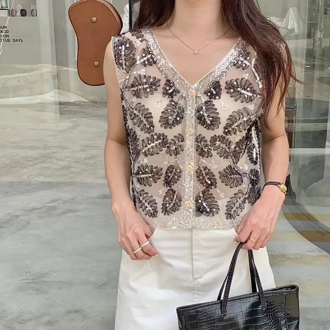 Women Stylish Leaf Embroidery Button Vest Sequin Beaded V-neck Lace-Up French Chic Summer Sleeveless Tank Top Women Outfit