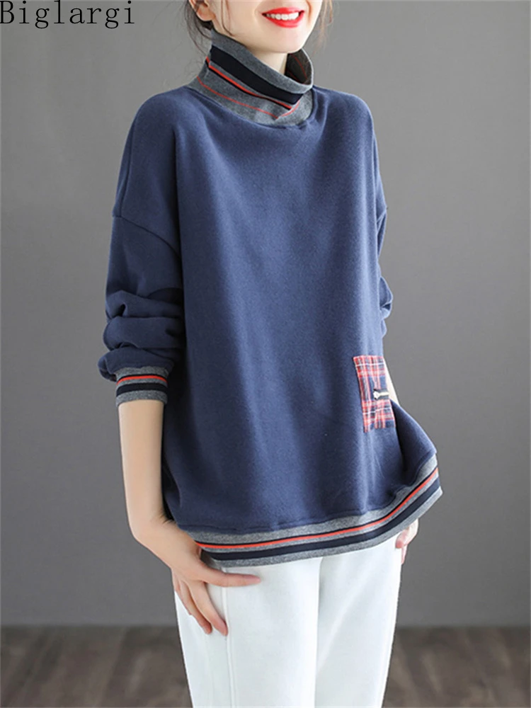 Oversized Autumn Winter New Women Turtleneck Print Sweatershirt 2023 Korea Ladies Casual Loose Vintage Pullover Sweatershirts