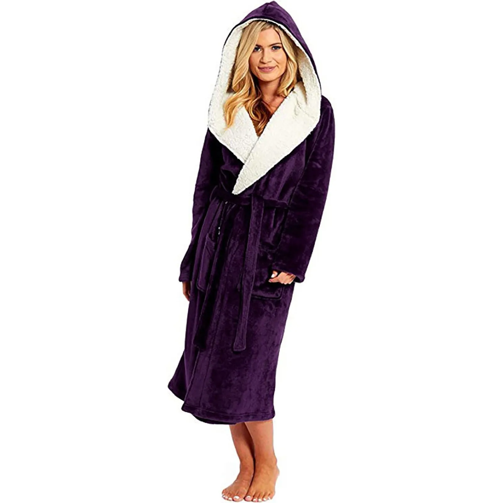 Women Winter Plush Hoodies Long Bath Robe Lengthened Shawl Hooded Bathrobe Warm Kimono Dressing Gown Flannel Bath Robe Sleepwear