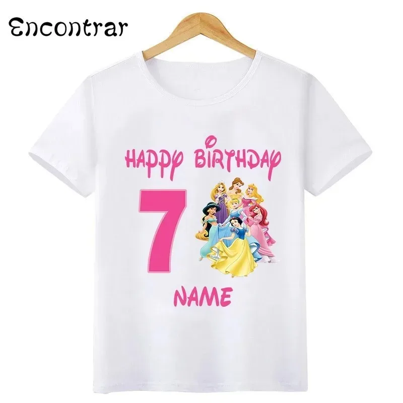 Disney Princess Belle Aurora Mermaid Print Happy Birthday Kids T Shirt Girls Clothes 1 2 3 4 5 6 7 8 9 Years Baby Boys T-Shirts