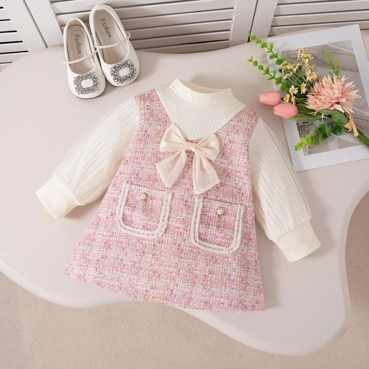 (0-3 Years Old) New Fall Girls Dress Round Neck Bow Plaid Pearl Button Sweet Princess Dress Birthday Party Team Dress