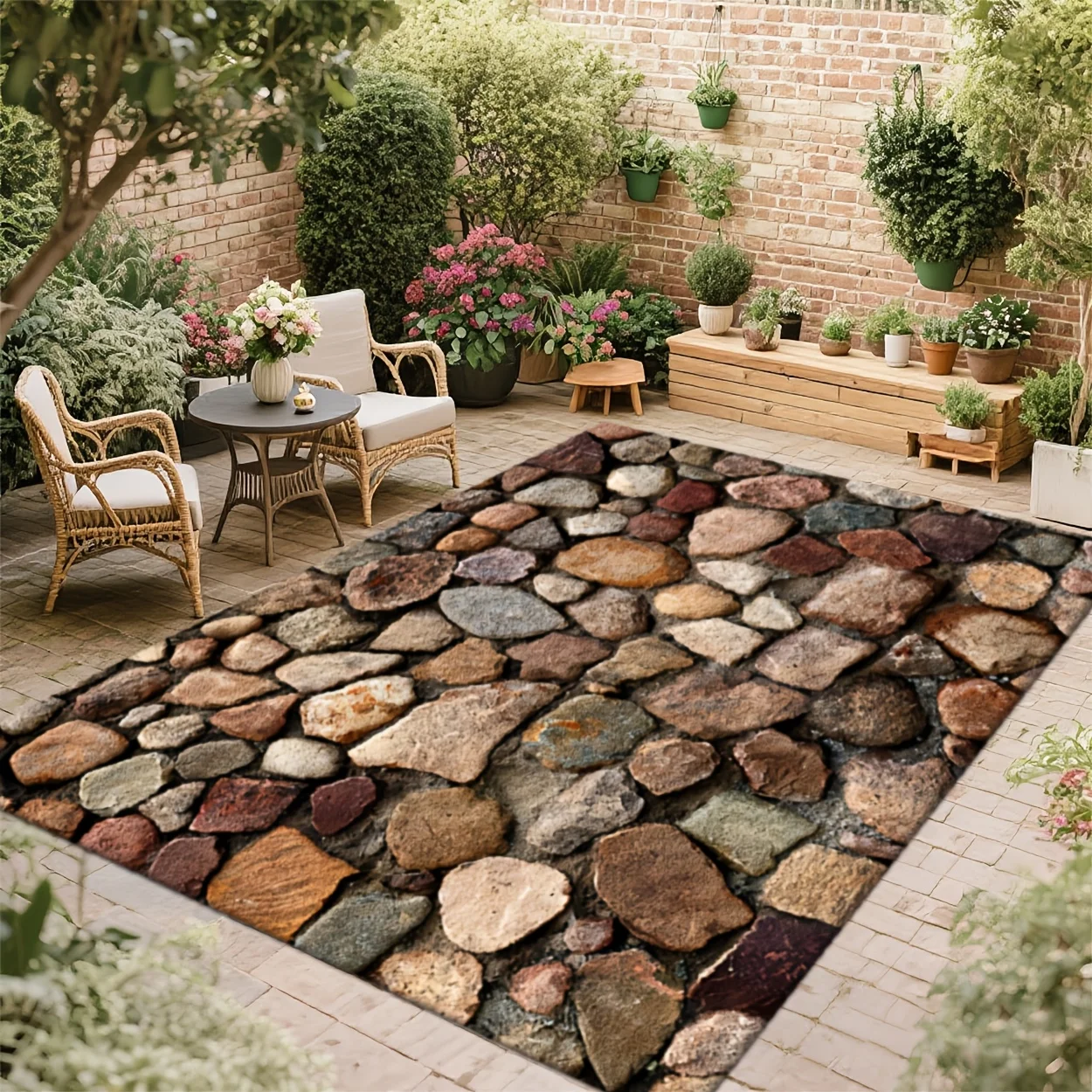 ARetro Cobblestone Stone Print Decor Rug, Realistic Floor Mat for Patio, Garden, Balcony, Outdoor Indoor Home Decor