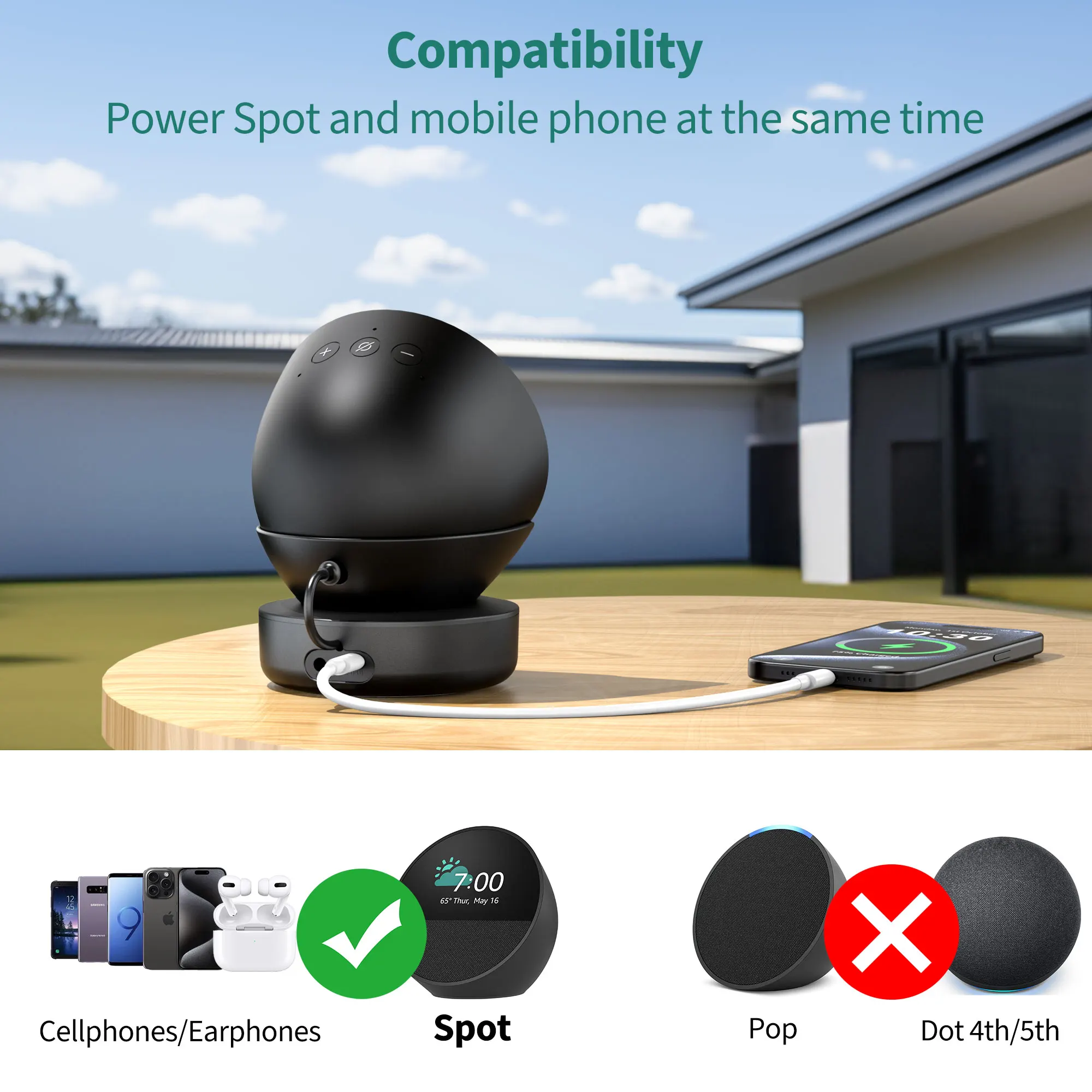 Rechargeable Battery Base Dock for Echo Spot 12H Standby Time 8H Playtime 3H Charger Time Portable 5000mAh Charging Mobile Phone