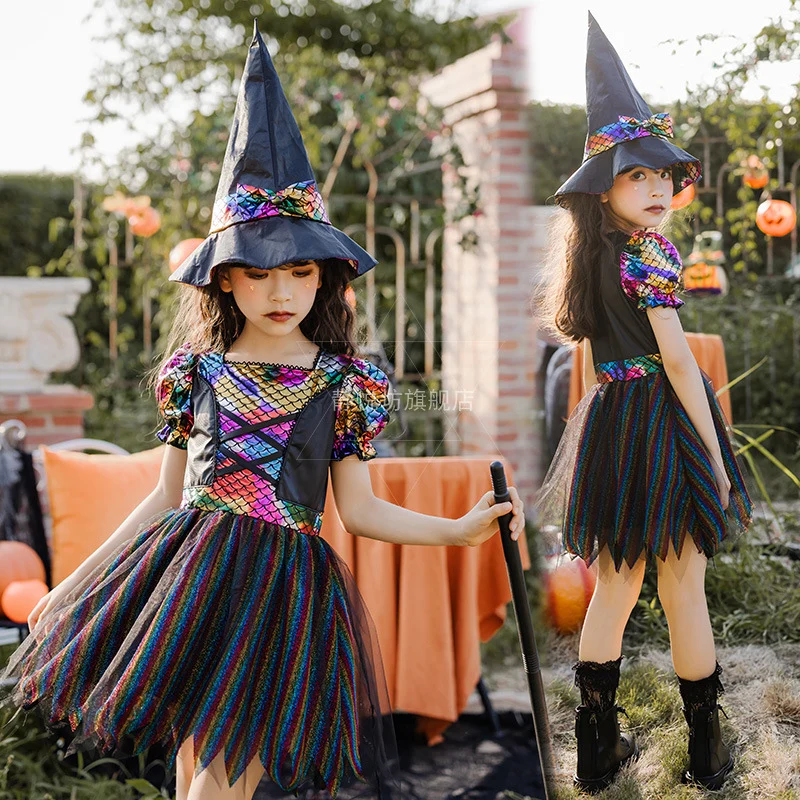 

Halloween for Children Witch Cosplay 2-Piece Dress Hat Girl Disfraz Little Magician Elf Anime Halloween Costume Child 12 Years