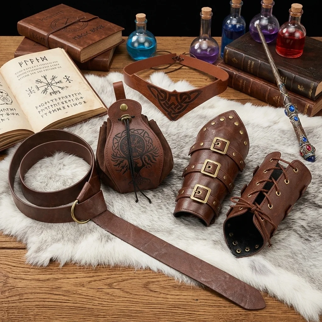 Medieval Vintage Leather Belt  Portable Drawstring Coin Purse Knight Bracers Arm Guards Roman Gladiator Headwear Renaissance Cosplay Props