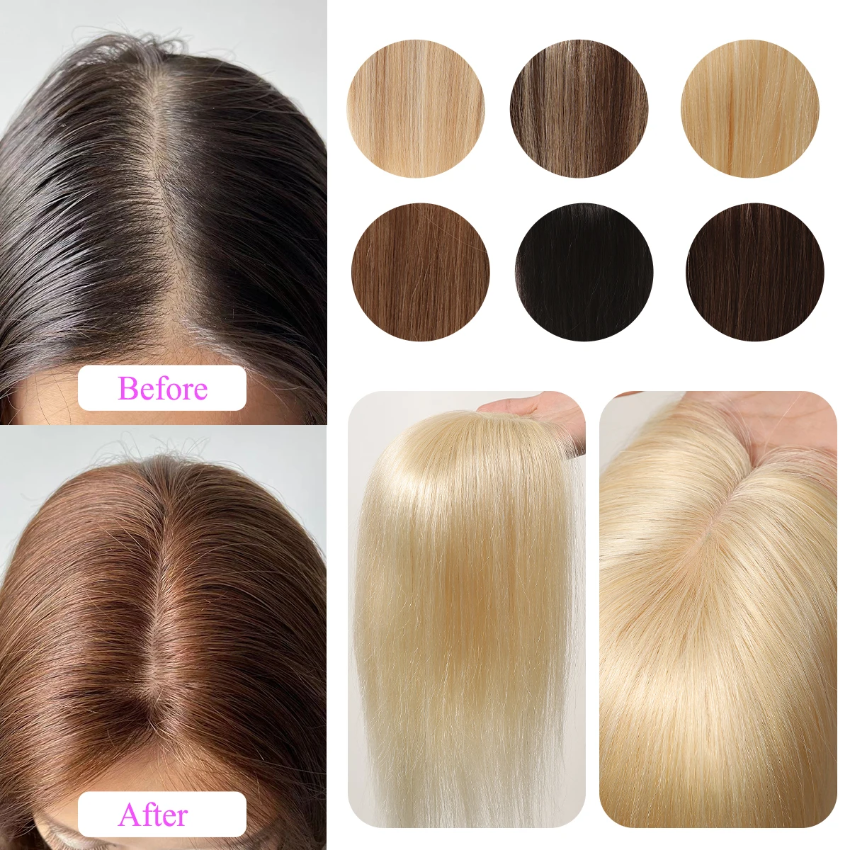 Blonde Human Hair Toppers Straight Hair Pieces Extension Clip in Remy Human Toupee Middle Part for Women Silk Base Top Toppers