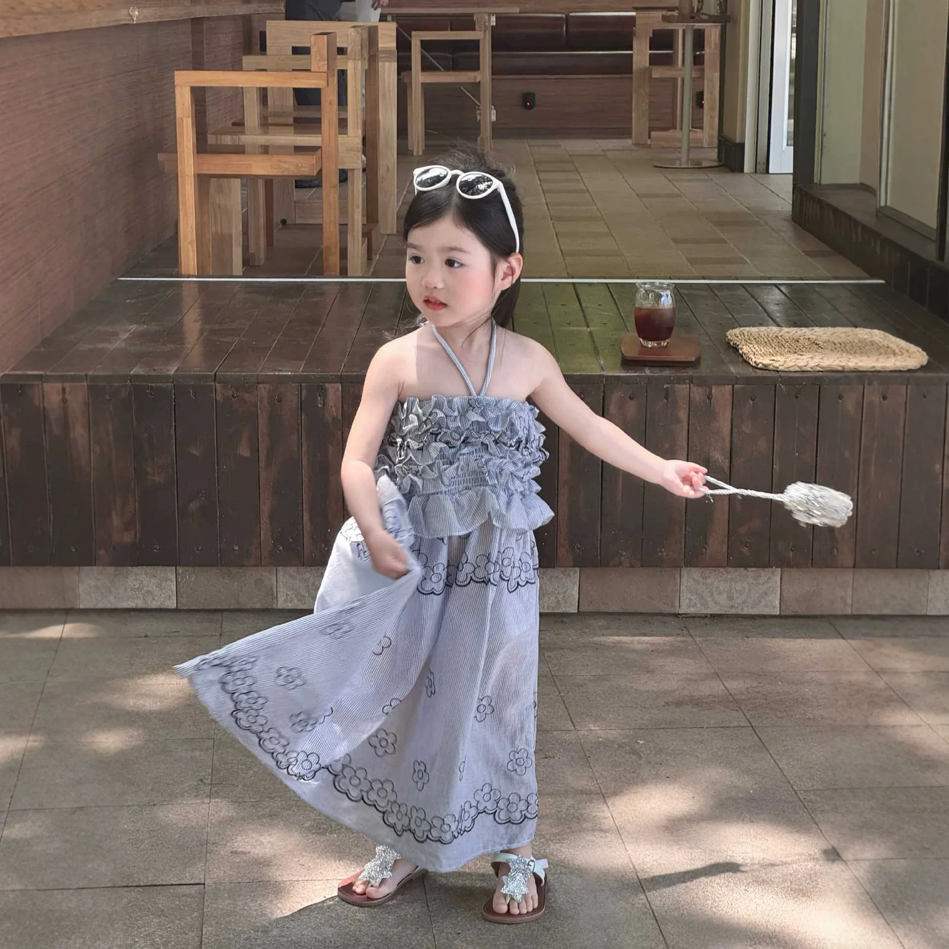 Korean Children Clothing Girls Summer Retro Blue Striped Embroidered Suspender Hanging Neck Seaside Vacation Style Dress