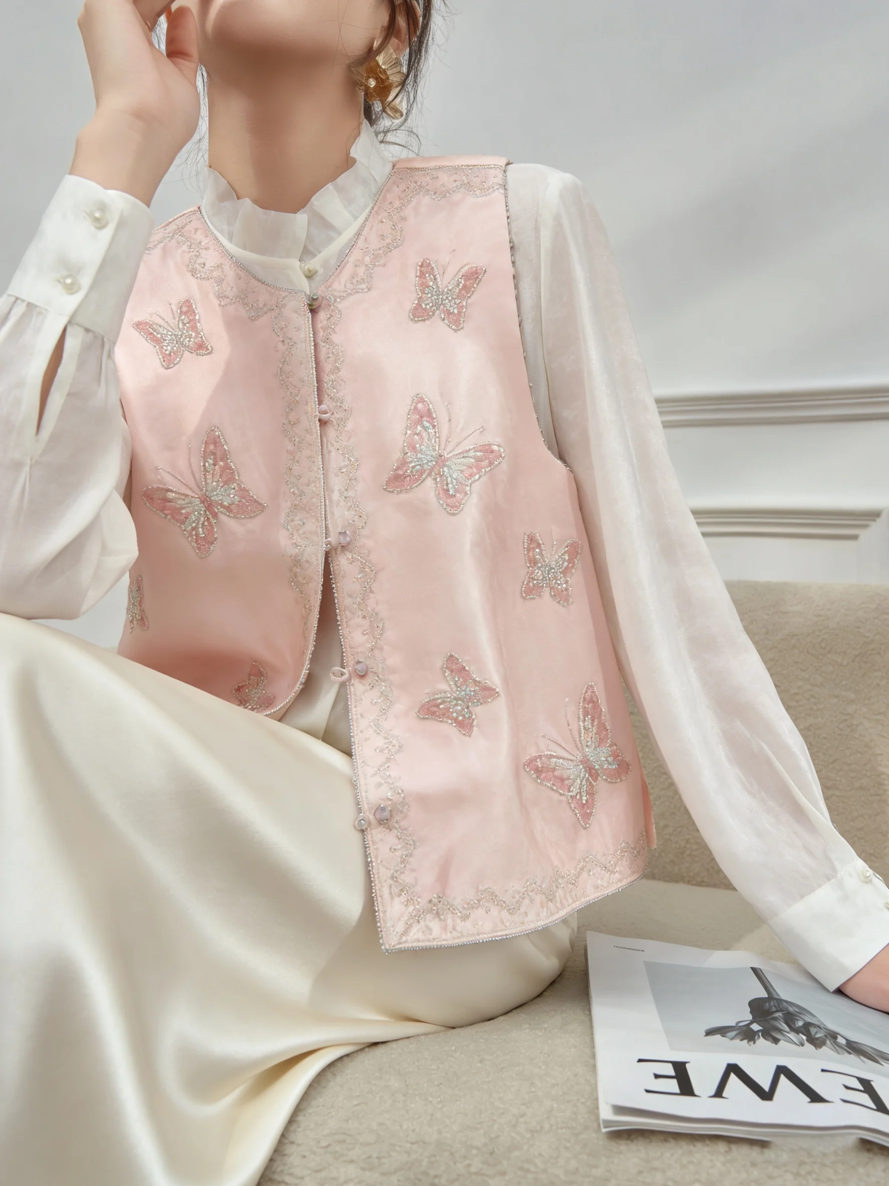 

New Chinese Sle Pink Embroidered Vest Skirt Set Women's Ele Clete OOTD Matching Vest Skirt Ensemble