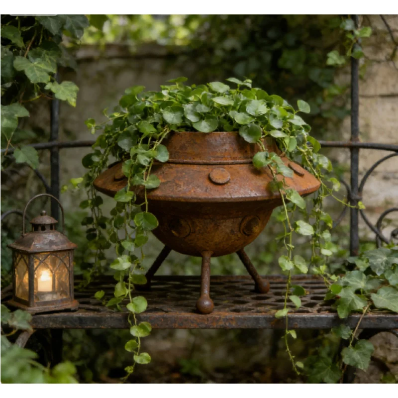 Vintage Rusty UFO Shaped Iron Planter Garden Patio Balcony Decor Desktop Ornament for Home& Garden Gardening Gift Dome Decor