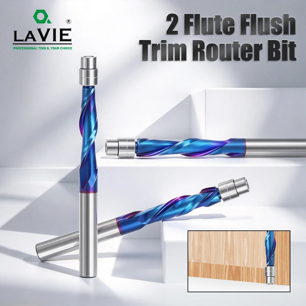 LAVIE Solid Carbide Flush Trim Router Bit 1/4" Shank Blue Nano Coated Up Down Compression Wood Milling Z07A072