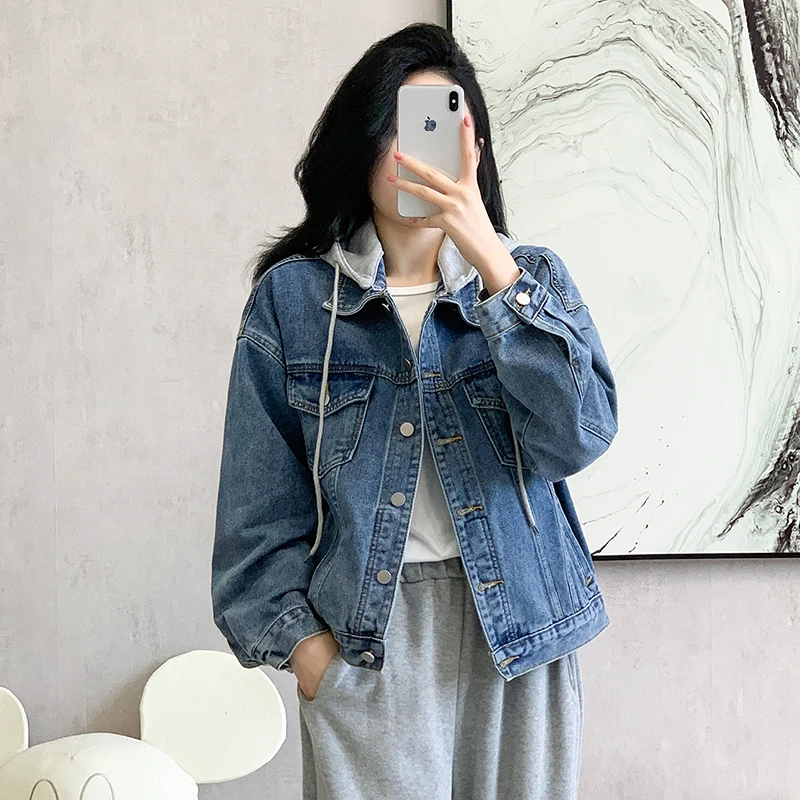 Women Light Blue Casual Removable Hooded Short Denim Jacket Spring Autumn Turndown Collar Long Sleeve Jeans Jacket Streetwear