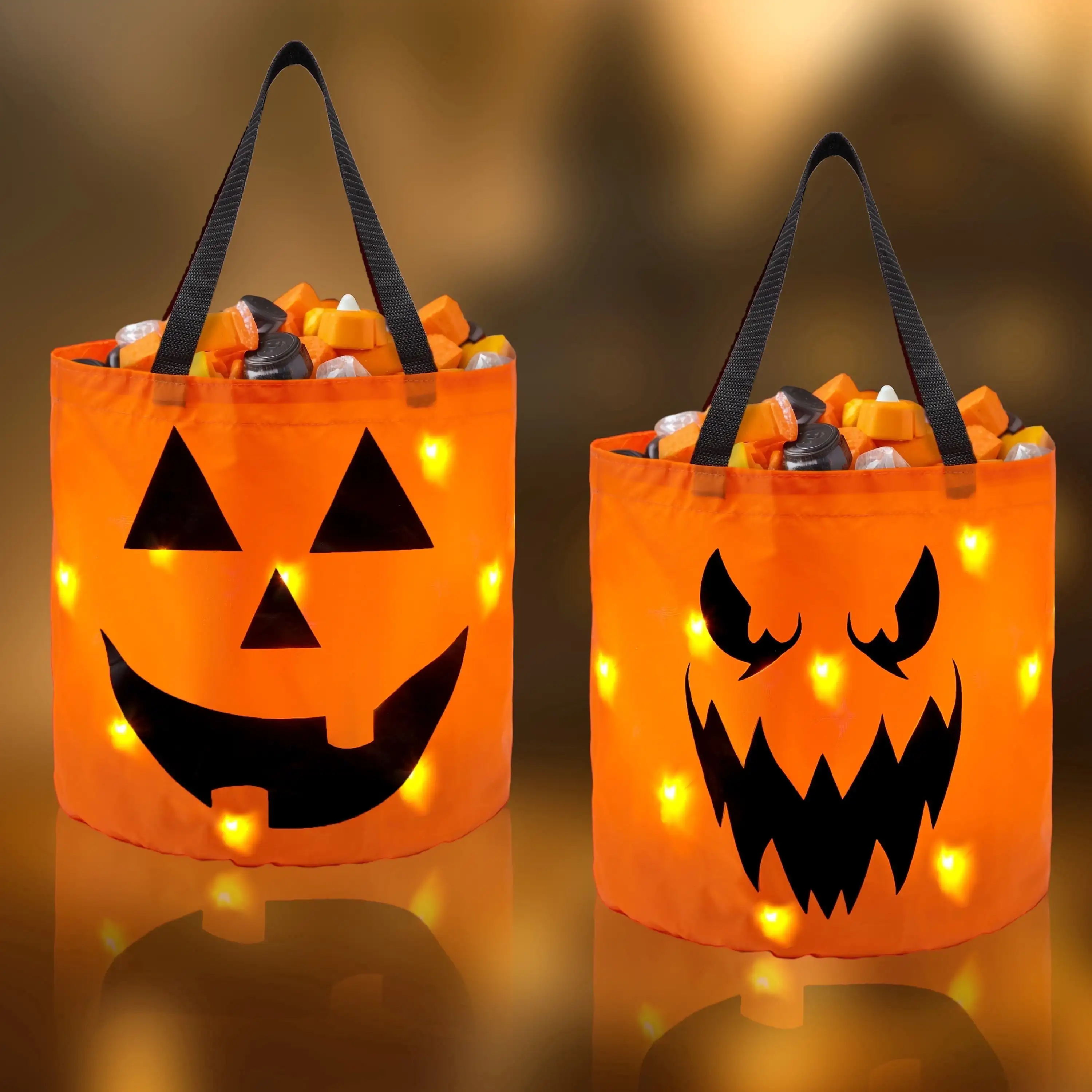 2 Pcs Candy Bag LED Light Pumpkin Candy Buckets Halloween Toys Halloween Trick or Treat Bucket with Pumpkin Smile Face for Halloween Party Favors Goodie Bags