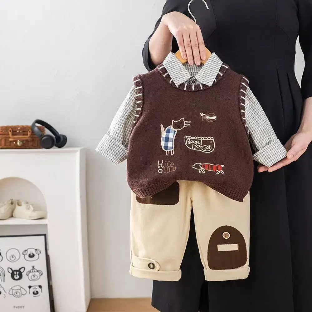 

New Spring Autumn Baby Boys Clothes Suit Children Casual Vest Shirt Pants 3Pcs/Set Kids Outfits Toddler Costume Infant Tracksuit