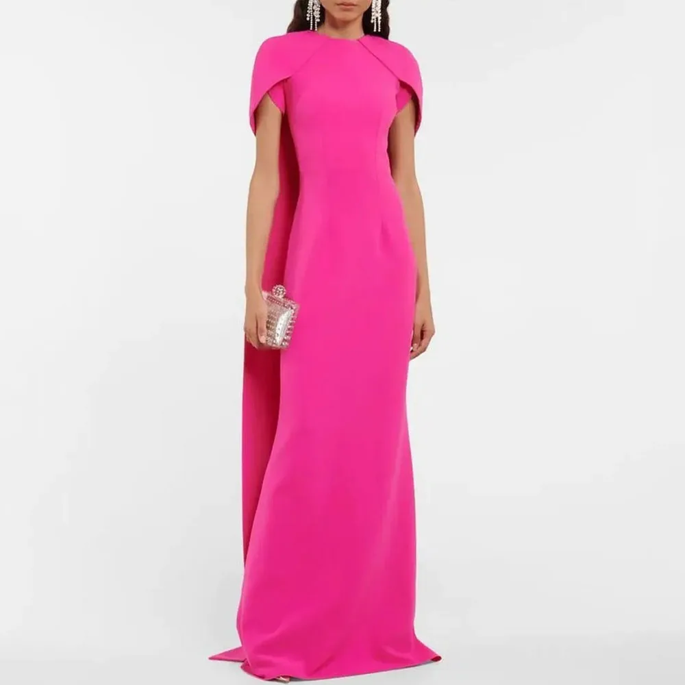 MOBEYE 2024 Vintage Long Bright Pink Crepe Evening Gown with Cape Sheath O Neck Train Ball Gown Women's Evening Gown