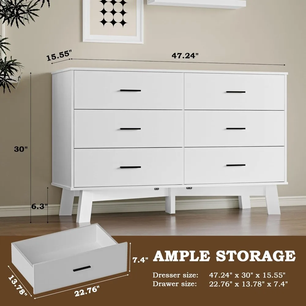 Modern 6-Drawer Bedroom Chest with Metal Handles, X-Base Design and Adjustable Leg Support