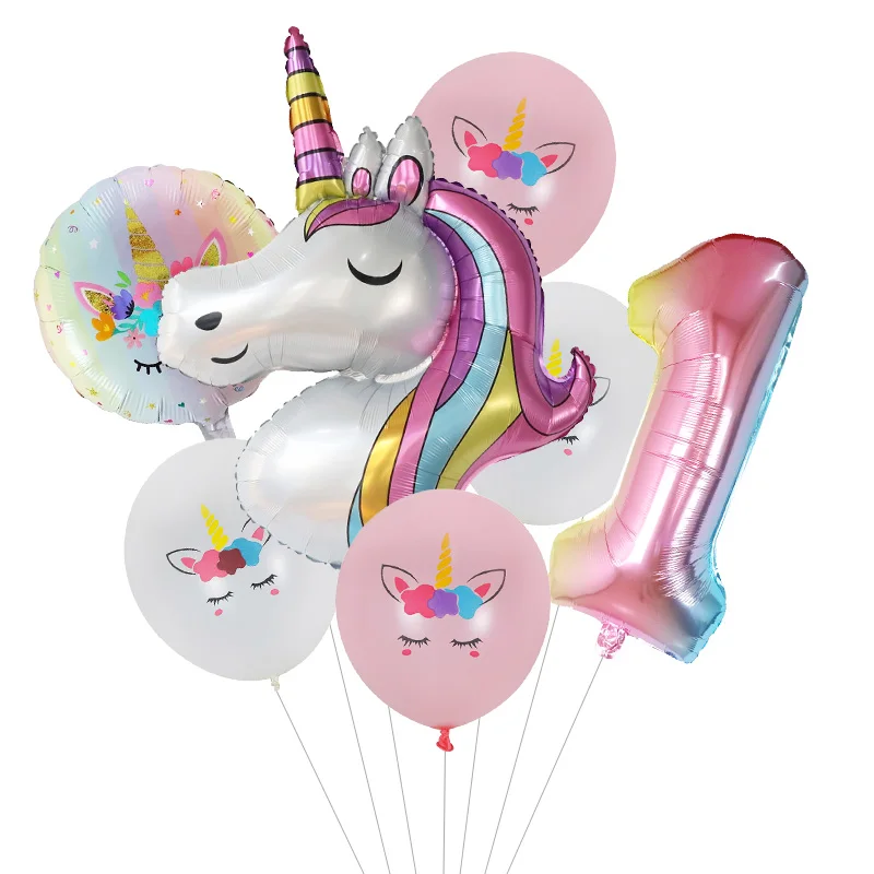 Globos de fiesta con temática de unicornio para niñas, globos redondos de aluminio, decoraciones de fiesta de cumpleaños de unicornio de 1 año,