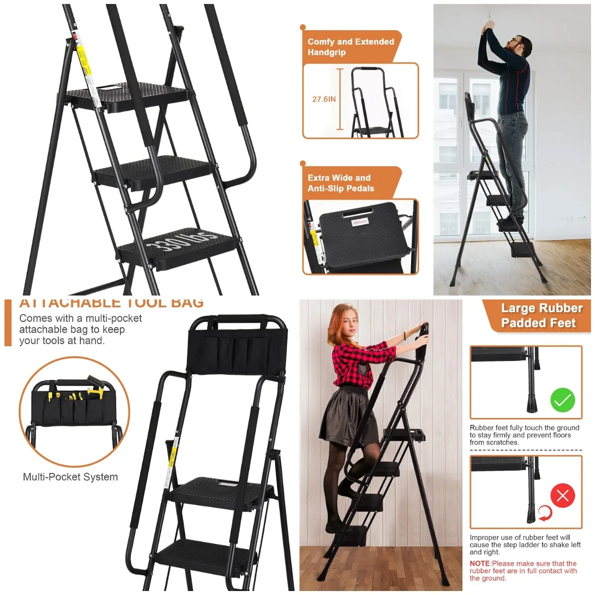 

Folding Step Ladder with Handrails, Anti-Slip Wide Pedal & Tool Bag, Black