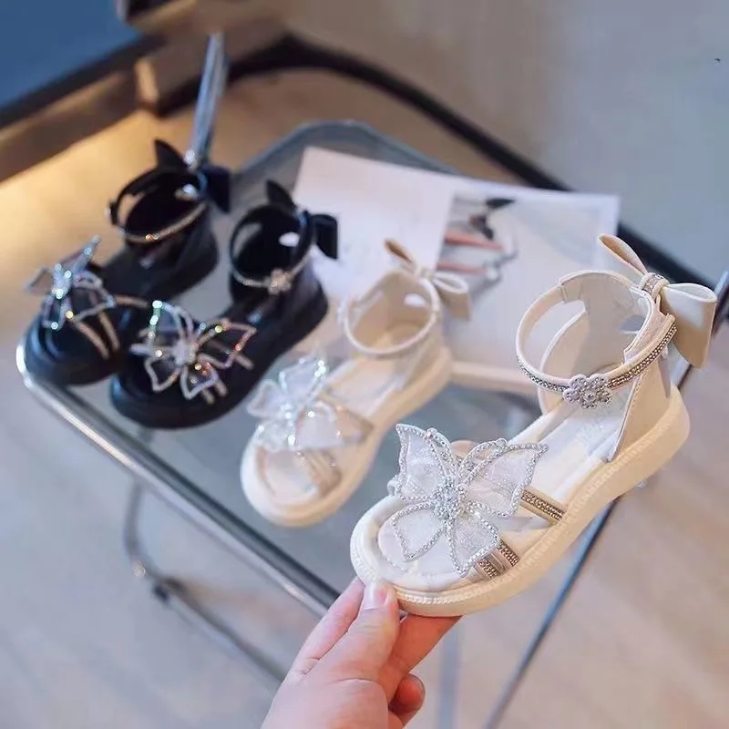 Zapatos de princesa con diamantes de imitación para niñas, sandalias de vestir con lazo para niños, Sandalias planas de playa para niños, sandalias