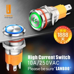 LANBOO 16B/19B Metal Push Button Switch, 10A High Current, 3-Pin/1NO with LED, Momentary/Latching selectable