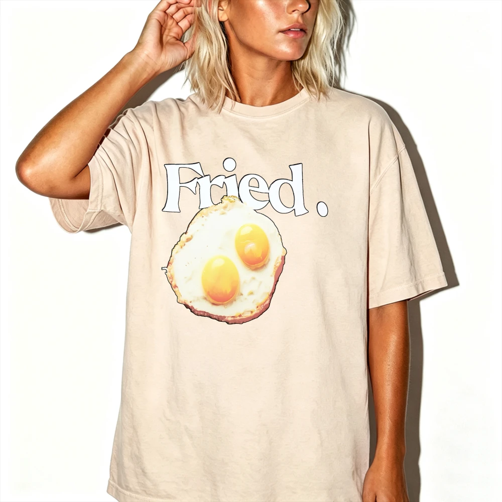 Women Funny Fried Double Egg Breakfast Graphic T Shirt Minimalist White Text Fried Egg Print Crewneck Casual Short Sleeve Tees