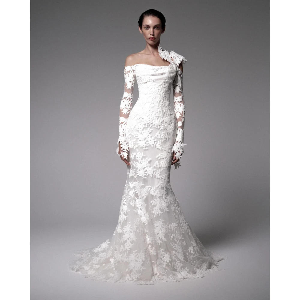 

ESBRIDE Wedding Dress Off Shoulder Women Formal Dress A-Line Floral Civil Bride Gowns Vestidos De Novia Customized White Dress