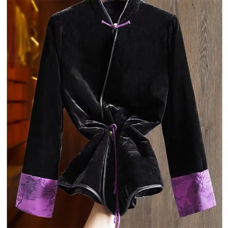 

Chinese Style Silk Patchwork Jacket Women Spring Autumn Retro Buckle Cotton Female Coat Fashion Luxury Velvet Womens Clothes