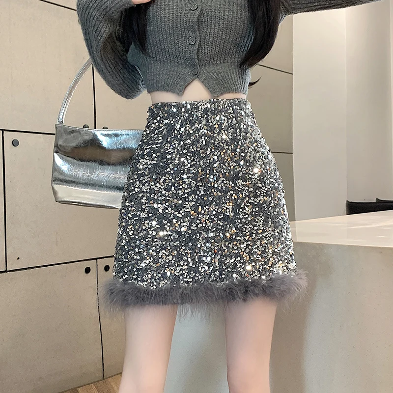 Sexy Women Velvet Sequin Skirt High Waist Feather Patchwork Wrap Hip Mini Skirt Spring Summer Female Short Skirt