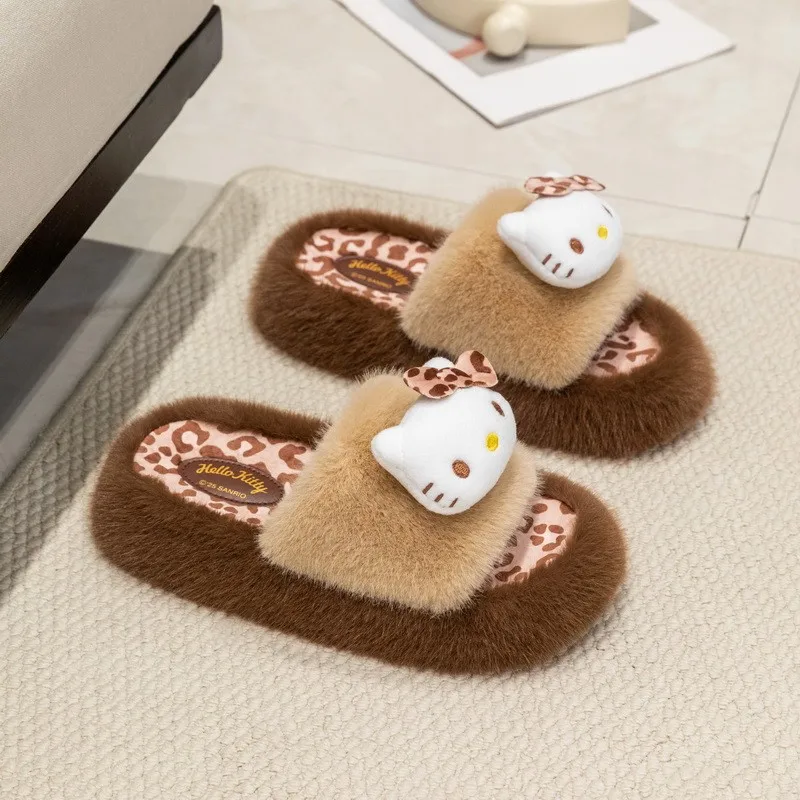 Cute Sanrio Kuromi Fluffy Platform Slides Women Leopard Print Soft Plush Warm Non-Slip Wear-Resistant Home Winter Slippers