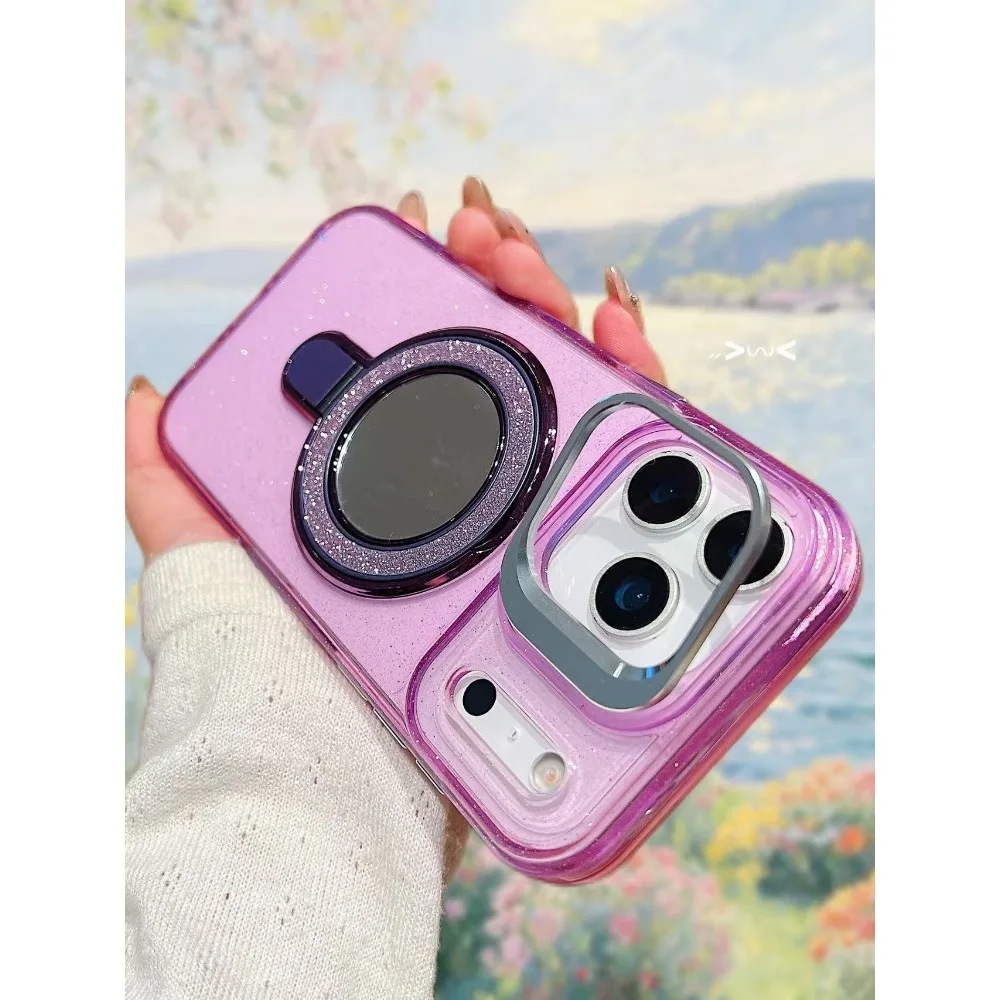 حافظة هاتف Magsafe مغناطيسية جديدة فاخرة "لامعة شفافة مع حامل لهاتف IPhone11 12 13 14 15 16 17 Pro Max