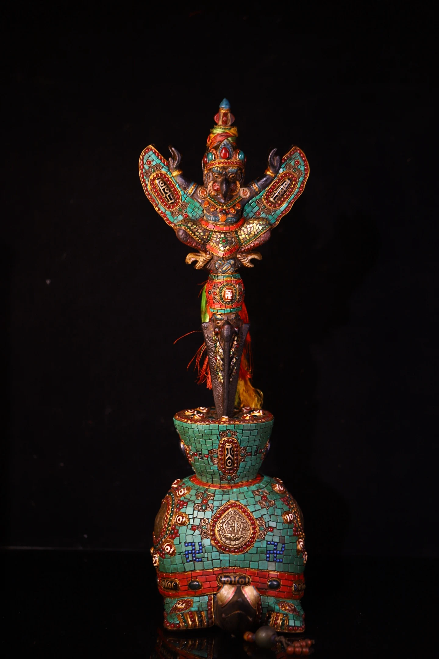 Old Natural Meteorite Painted Mosaic Gem gZi Beads Turquoise Turtle Statue Base Bronze Garuda Buddha Vajra Phurpa