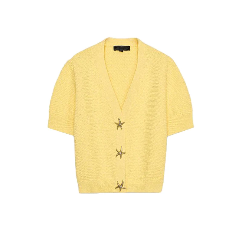 Summer New Women's Knitted Jaet ort Sve V-Ne Button Decorated Star Design Slim Fit Polyester Fiber Open Cardigan
