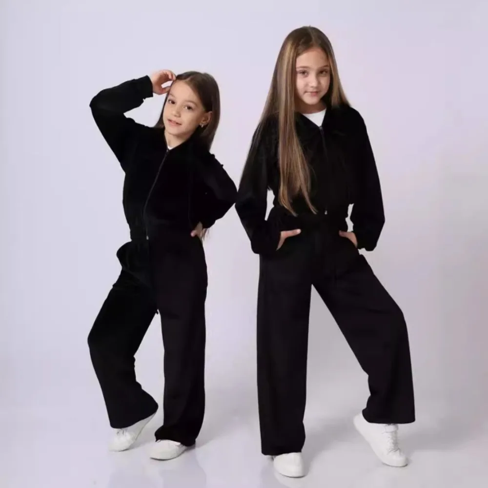 5-15Y Kids Girls Autumn Winter 2-Piece Velvet Hoodie Set European American Casual Sportswear Tracksuit 128cm-158cm