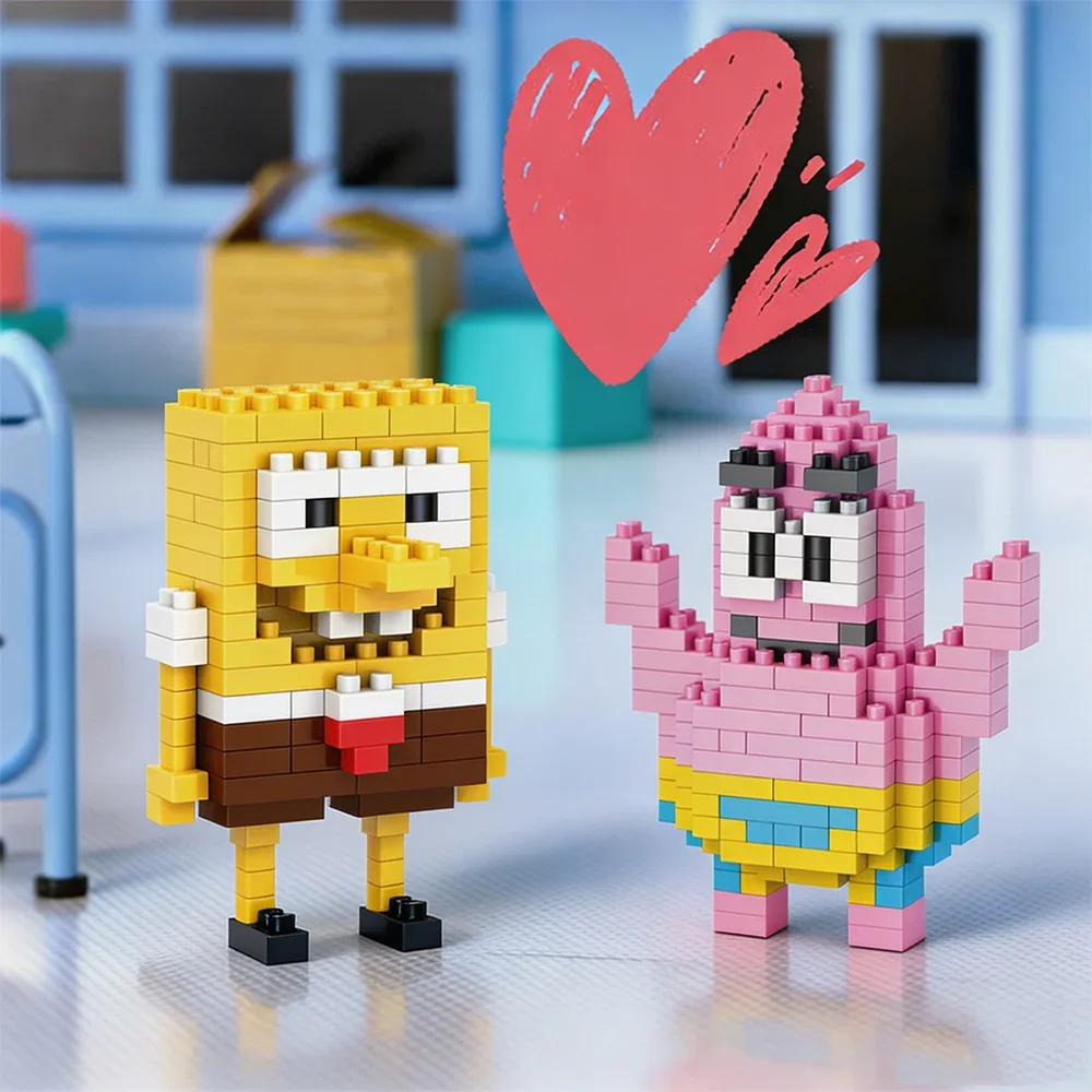 Cute Sponge Cartoon Character Micro Building Bricks, DIY Assembly Puzzle Toy, Anime Figure Model Desktop Display Gift