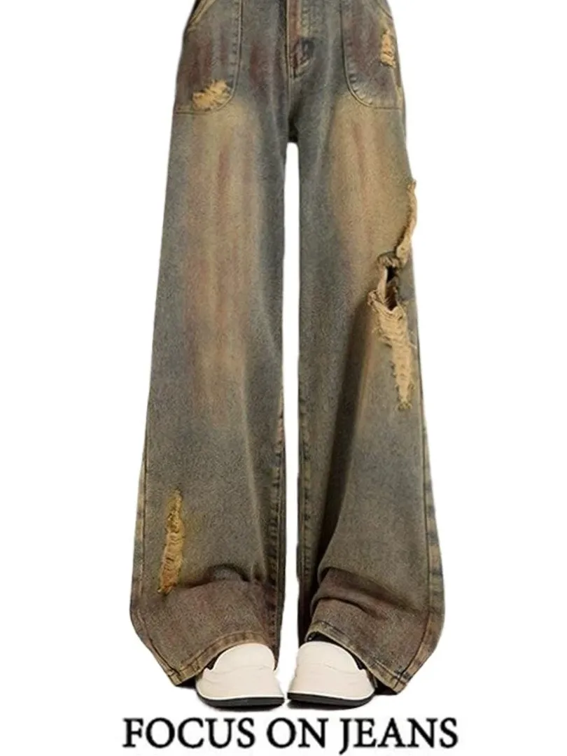 

plus Size Vintage Washed Ripped Denim Jeans Women's Loose Straight Leg Floor-Length Pants High Waist Summer Wear Resistant