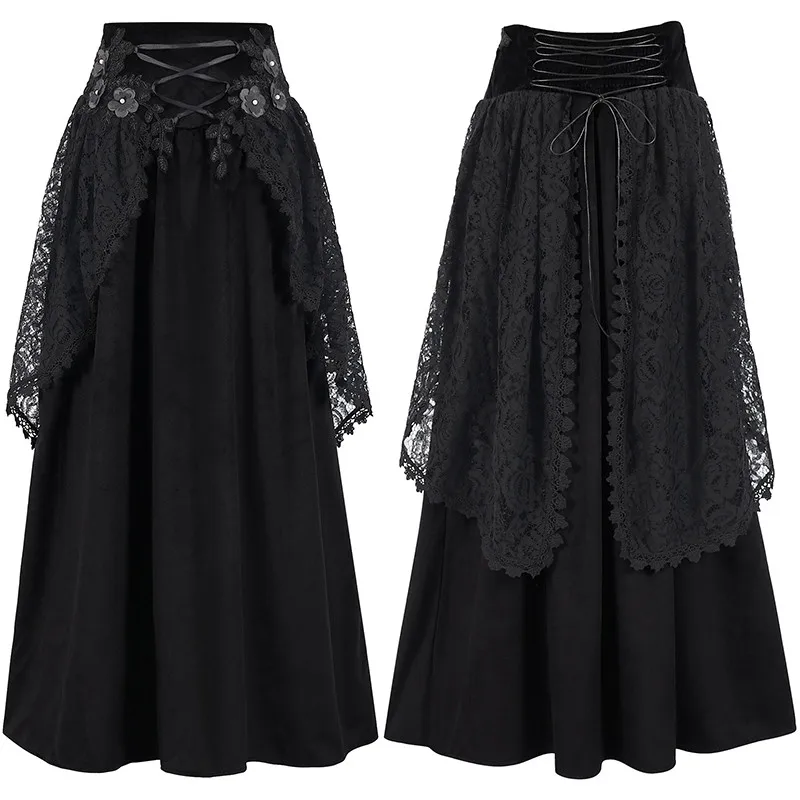 Saia gótica Sle de comprimento médio f Bla Lace Flower Net Stage Performance loween Roupas femininas Linha A Silhueta Pure...