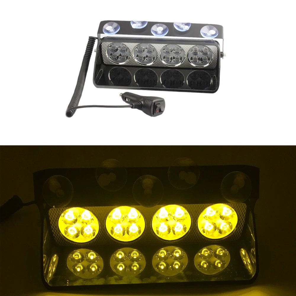 12V 16W 16LED Strobe Light Bar  LED Flash Windshield Dash Warning Light + Suction Cup Amber White/Amber  For Emergency Car