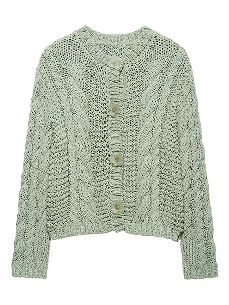

Mint Green Knitted Twisted Cardigan Women Solid O-neck Flower Single Breasted Full Sleeve Female Jumpers Lady Knitwears 2025