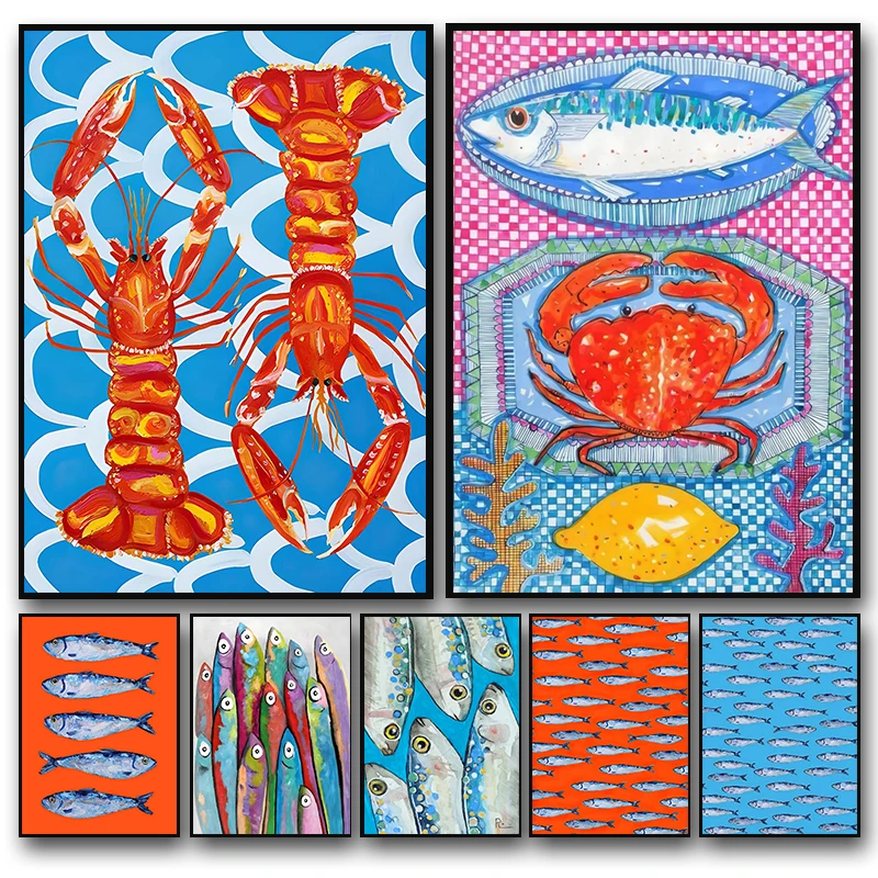 Resin Art Ocean - Buntes Sardinen-Hummer-Fisch-Meerestier-Kunstposter Druck Retro Wandkunst Diamantmalerei