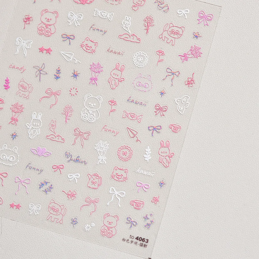 Cartoon Pink & Blue Little Bear Cat Nail Stickers 5D Nail Art Design Decoration Decals DIY Manicure High Quality