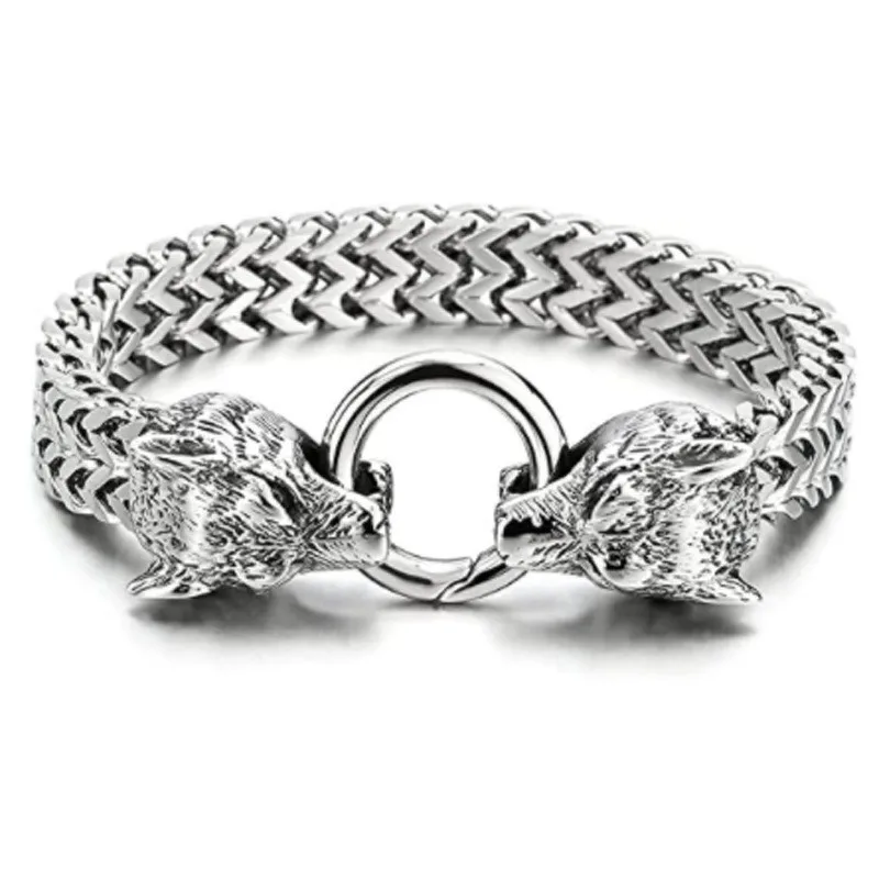 Men's Stainless Steel Wolf Head Franco Link Chain Bracelet Vintage Personalized Viking Wolf Head Bracelet