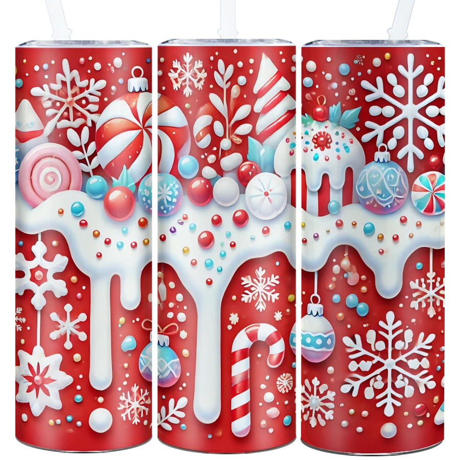 1Pc Merry Christmas Drink Mugs Straw Lid 20oz Stainless Steel Insulated Tumblers 3D Print Christmas Party Tumblers Family Gifts