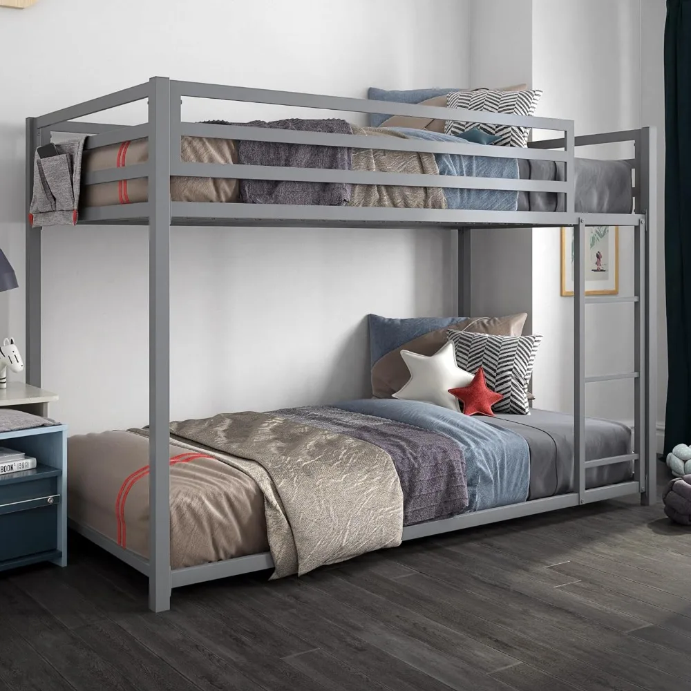 Low Metal Bunk Bed Frame for Kids, With Built-in Ladder, High Guardrail,No Boxspring Required,Twin-Over-Twin, Silver furniture