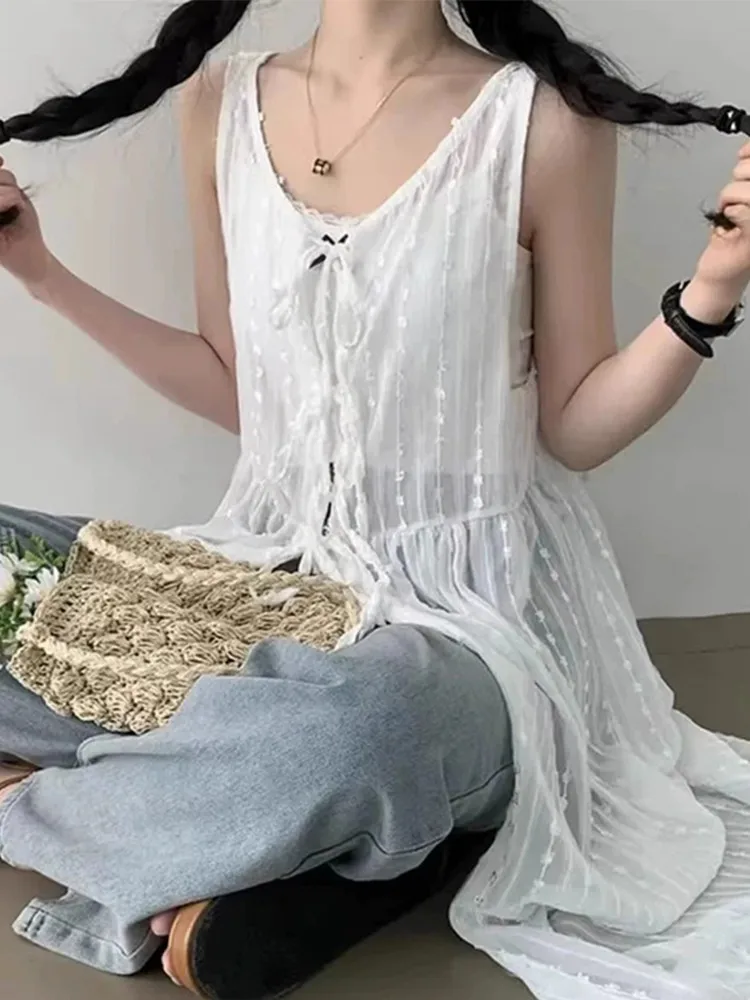 Mid-Length Lace Vest Dress Women\'s Inner Wear Layering Skirt Curtain Belt High Waist Korean Style Commute U-Neck H-Shape Dress