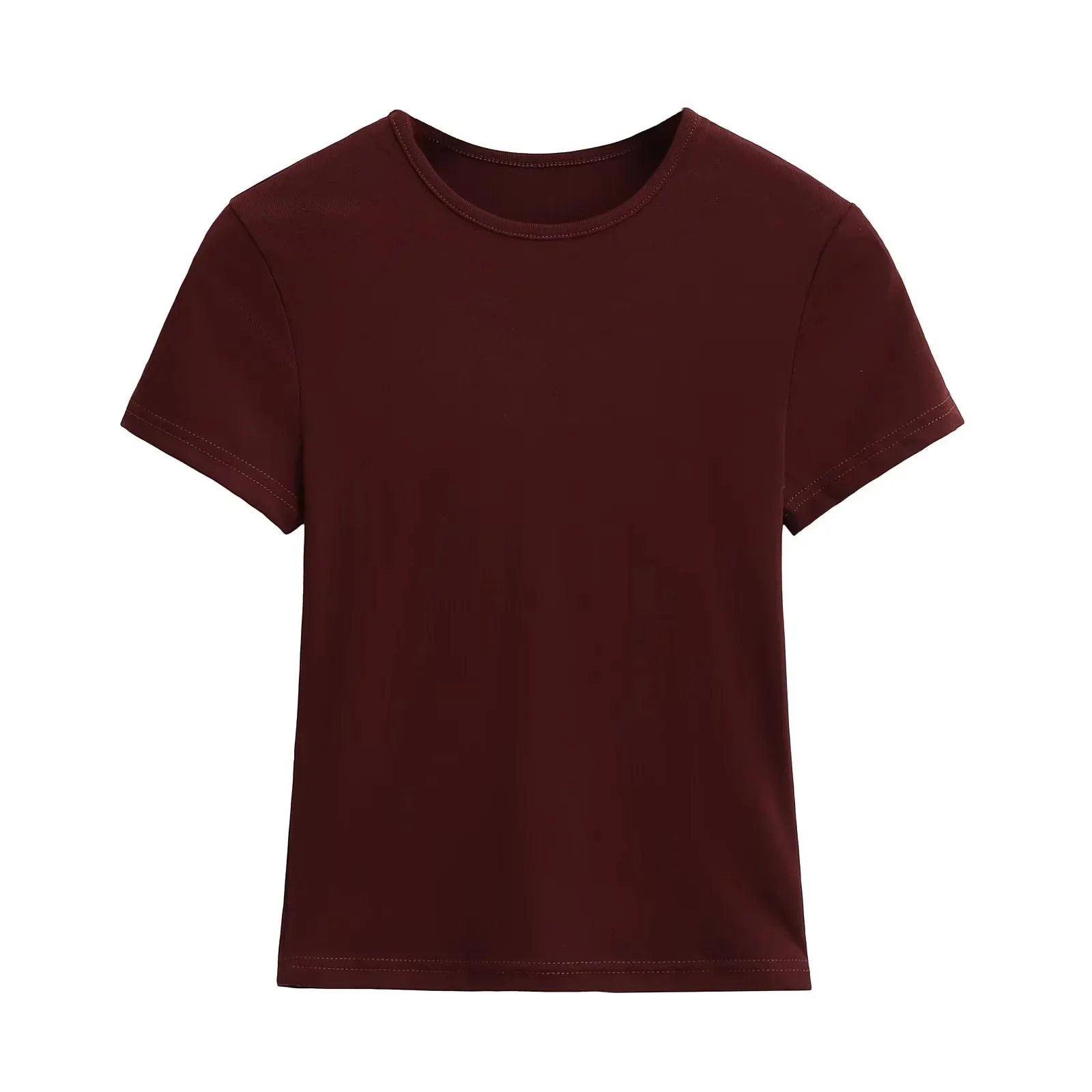 

2025 New Round Neck Short Sleeved T-Shirt For Women, Tight Fit, High Waist, Front Shoulder, Slimming Top